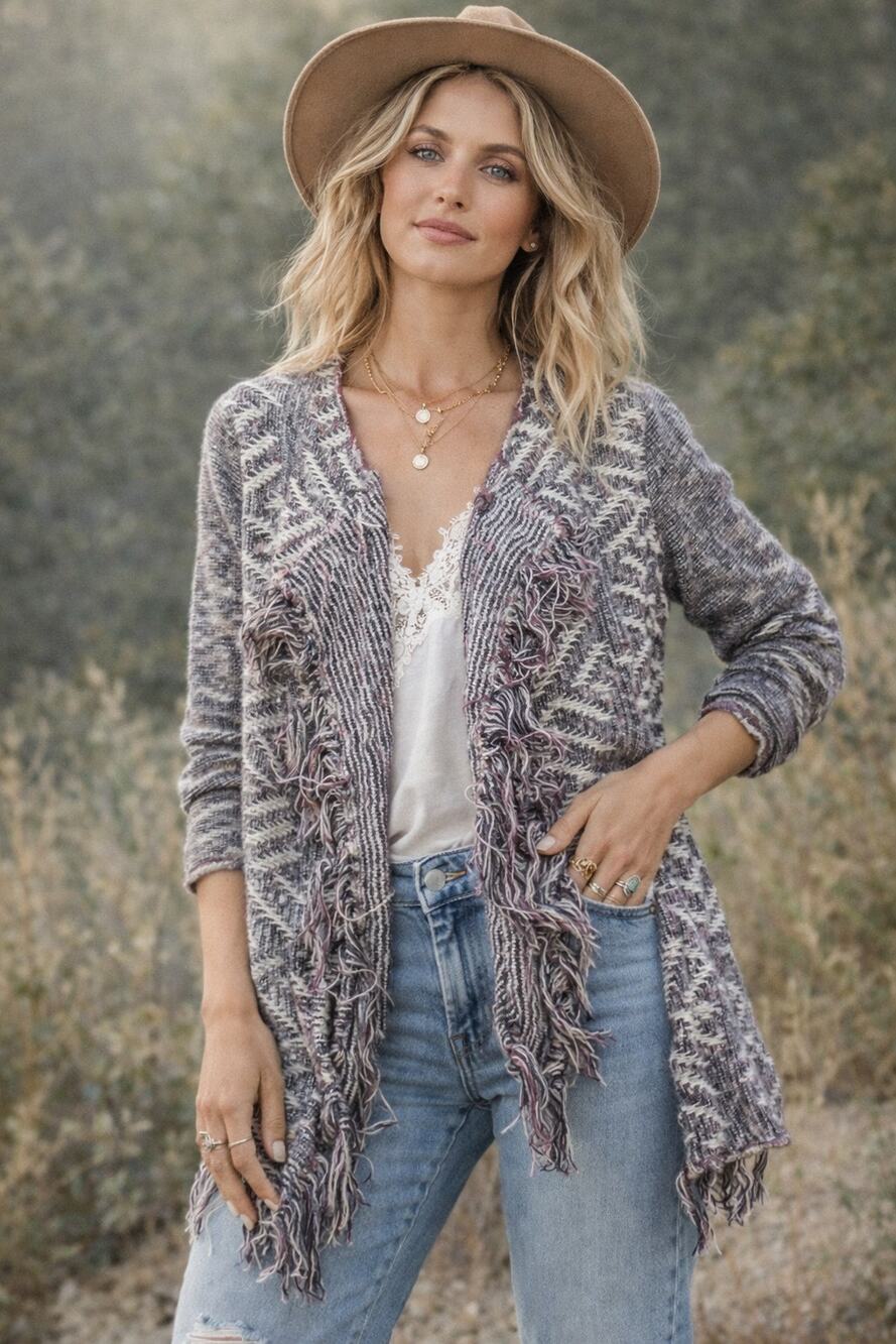 Lucky Brand Knit Long Sleeve Open Cardigan Sz S Fringes style Boho 90s Y2K